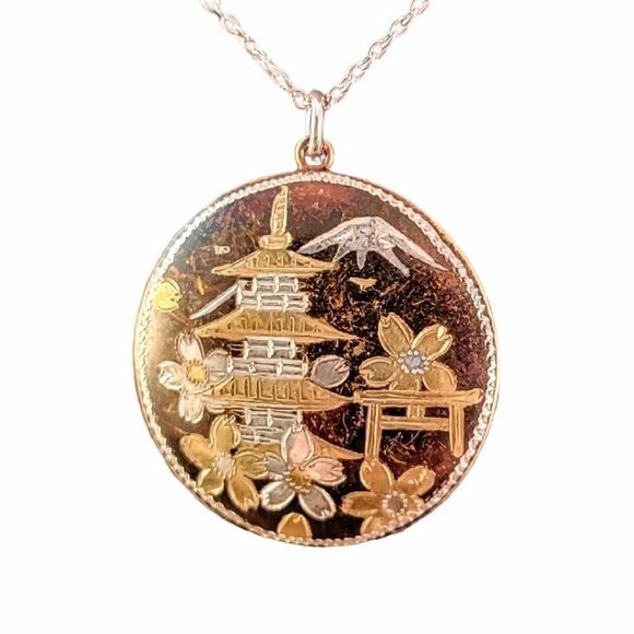 Vintage Sterling Japanese Pagoda Damascene Hand Etched Pendant Neckl… - Picture 3 of 7